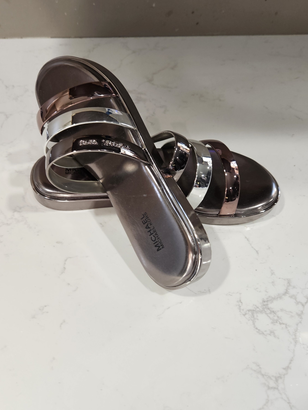 Michael Kors Women’s Metallic Triple-Strap Slide Sandals - Rose Gold/Silver - Picture 3 of 5